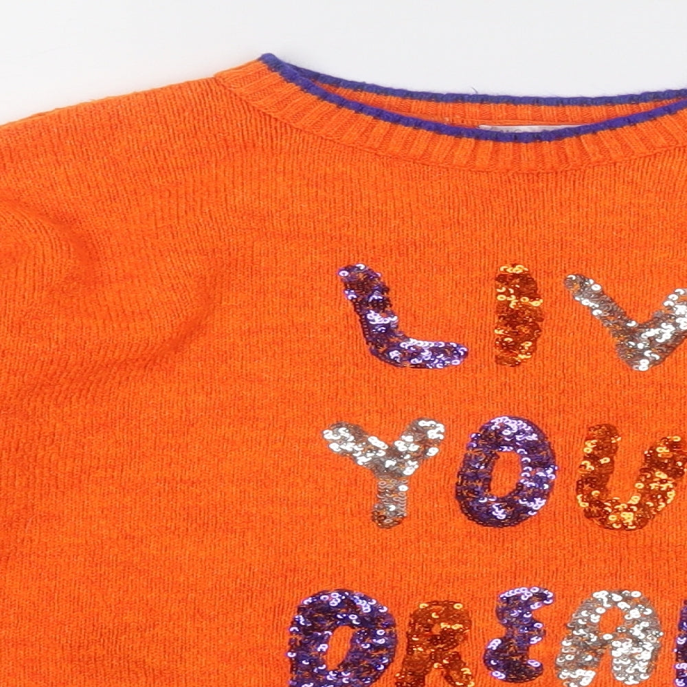 M&Co Girls Orange Round Neck  Acrylic Pullover Jumper Size 9-10 Years   - Live Your Dream,