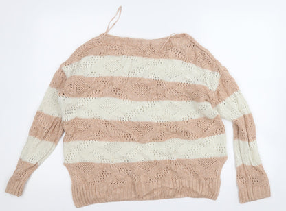 George Womens Beige Round Neck Striped Wool Pullover Jumper Size 12