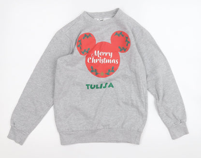 Disney Girls Grey  Cotton Pullover Sweatshirt Size 10-11 Years   - Mickey Mouse Christmas