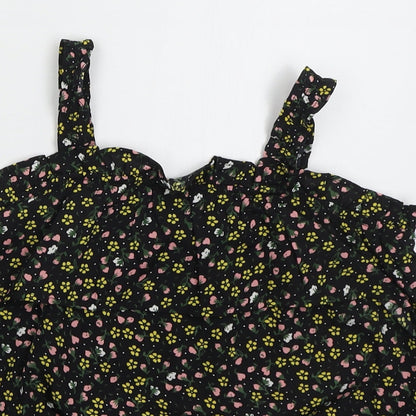 Primark Girls Black Floral Polyester Basic Tank Size 11-12 Years Square Neck Pullover