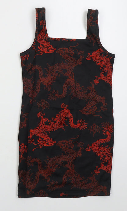 SheIn Girls Black  Polyester Tank Dress  Size 9 Years  Square Neck Pullover - Red Dragons