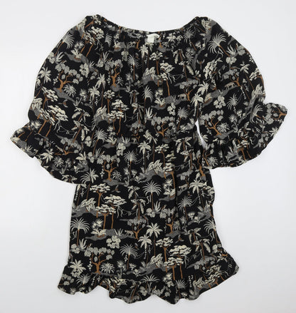 H&M Womens Black  Polyester Skater Dress  Size 8  Off the Shoulder Pullover - Trees