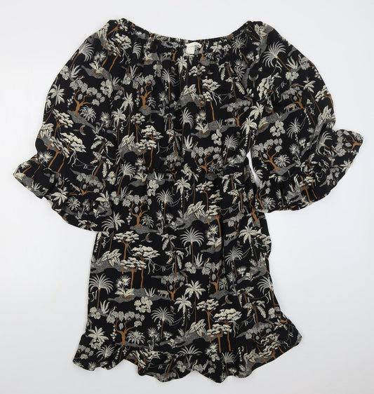 H&M Womens Black  Polyester Skater Dress  Size 8  Off the Shoulder Pullover - Trees
