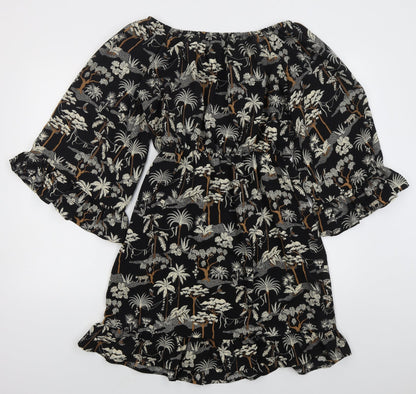 H&M Womens Black  Polyester Skater Dress  Size 8  Off the Shoulder Pullover - Trees