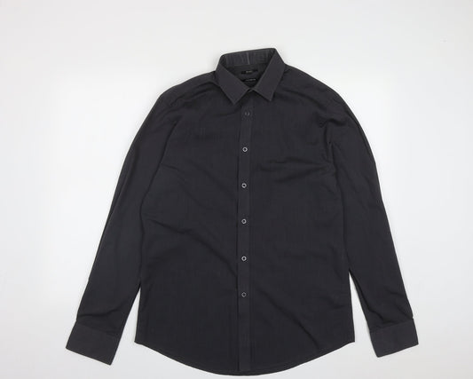 F&F Mens Black  Polyester  Button-Up Size 15.5 Collared Button