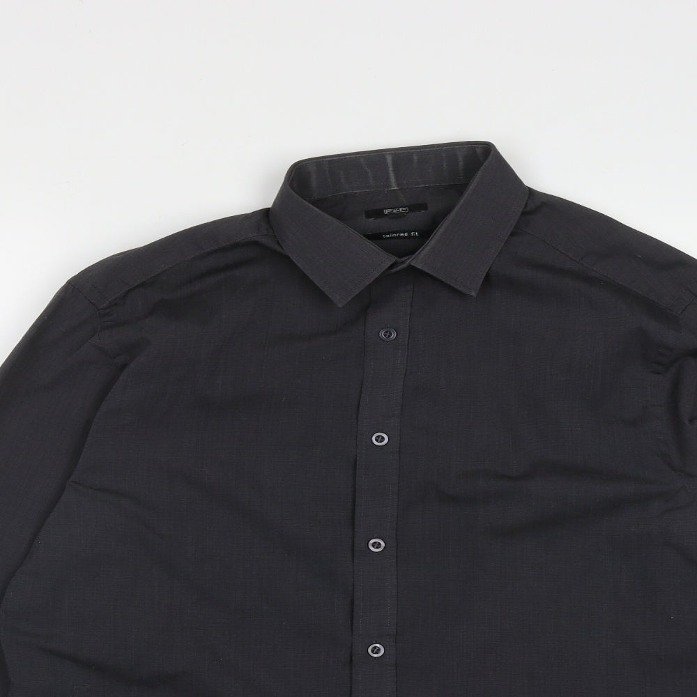 F&F Mens Black  Polyester  Button-Up Size 15.5 Collared Button