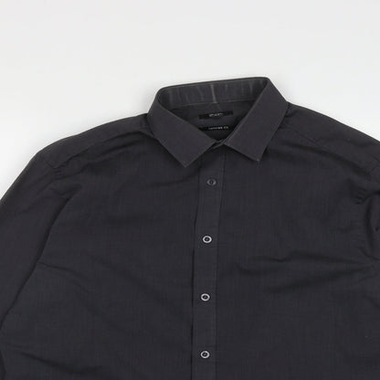 F&F Mens Black  Polyester  Button-Up Size 15.5 Collared Button