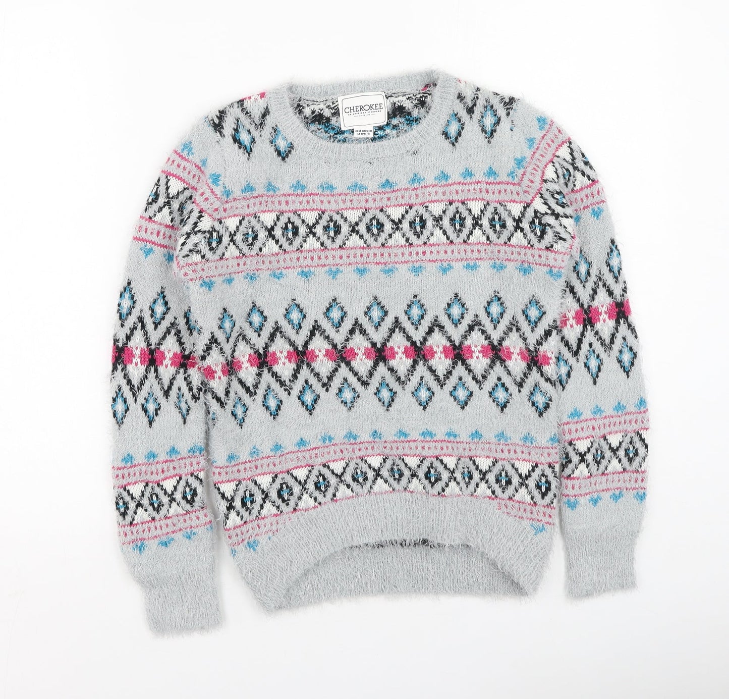 Cherokee Girls Multicoloured Round Neck Geometric Acrylic Pullover Jumper Size 9-10 Years