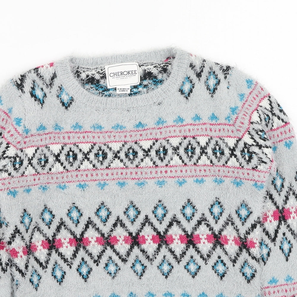 Cherokee Girls Multicoloured Round Neck Geometric Acrylic Pullover Jumper Size 9-10 Years