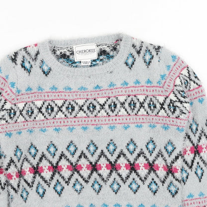 Cherokee Girls Multicoloured Round Neck Geometric Acrylic Pullover Jumper Size 9-10 Years