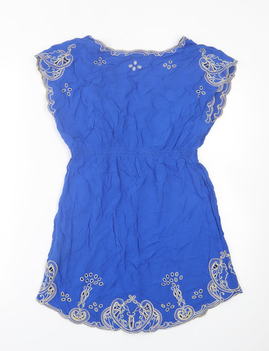 Atmosphere Womens Blue Geometric Viscose A-Line  Size 10  V-Neck Pullover