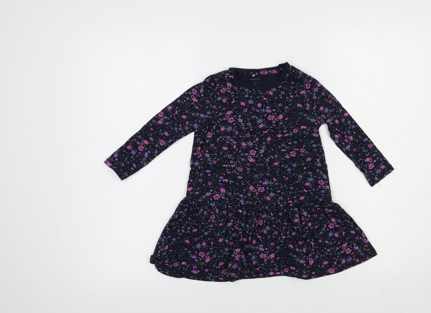 name it Girls Blue Floral Cotton T-Shirt Dress  Size 2-3 Years  Crew Neck Pullover