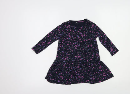 name it Girls Blue Floral Cotton T-Shirt Dress  Size 2-3 Years  Crew Neck Pullover