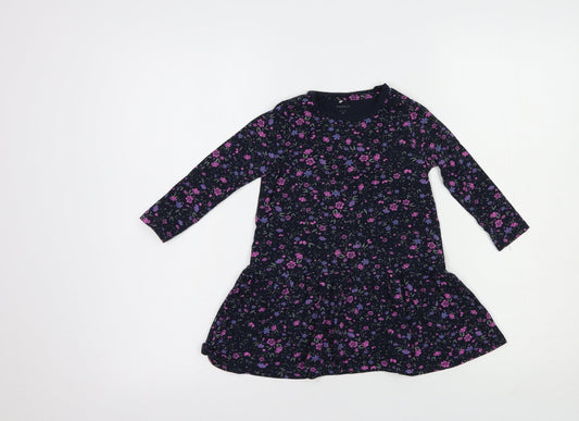 name it Girls Blue Floral Cotton T-Shirt Dress  Size 2-3 Years  Crew Neck Pullover