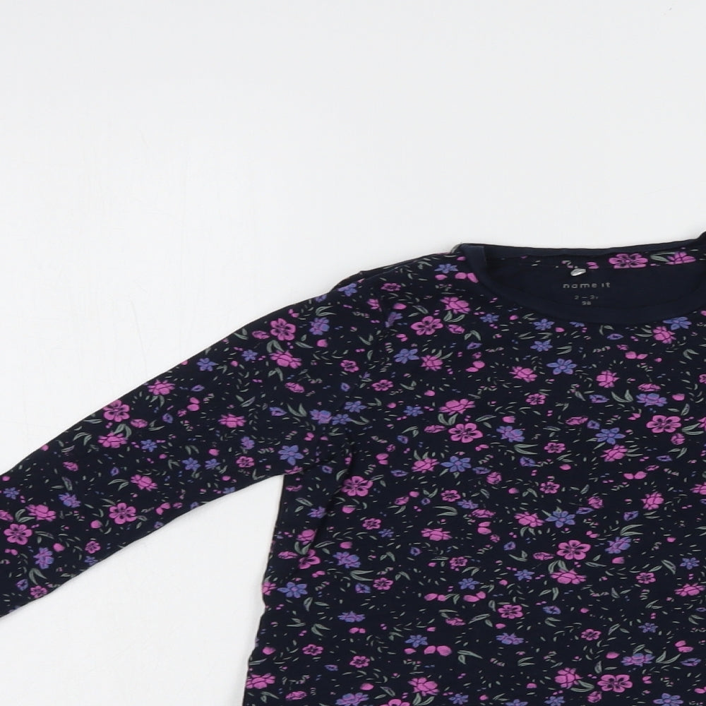 name it Girls Blue Floral Cotton T-Shirt Dress  Size 2-3 Years  Crew Neck Pullover