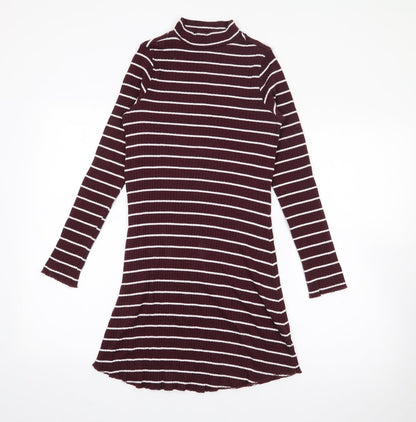 Primark Womens Purple Striped Cotton Jumper Dress  Size 8  Roll Neck