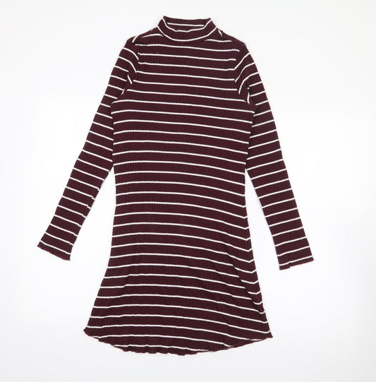 Primark Womens Purple Striped Cotton Jumper Dress  Size 8  Roll Neck