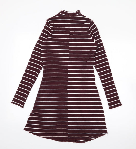 Primark Womens Purple Striped Cotton Jumper Dress  Size 8  Roll Neck