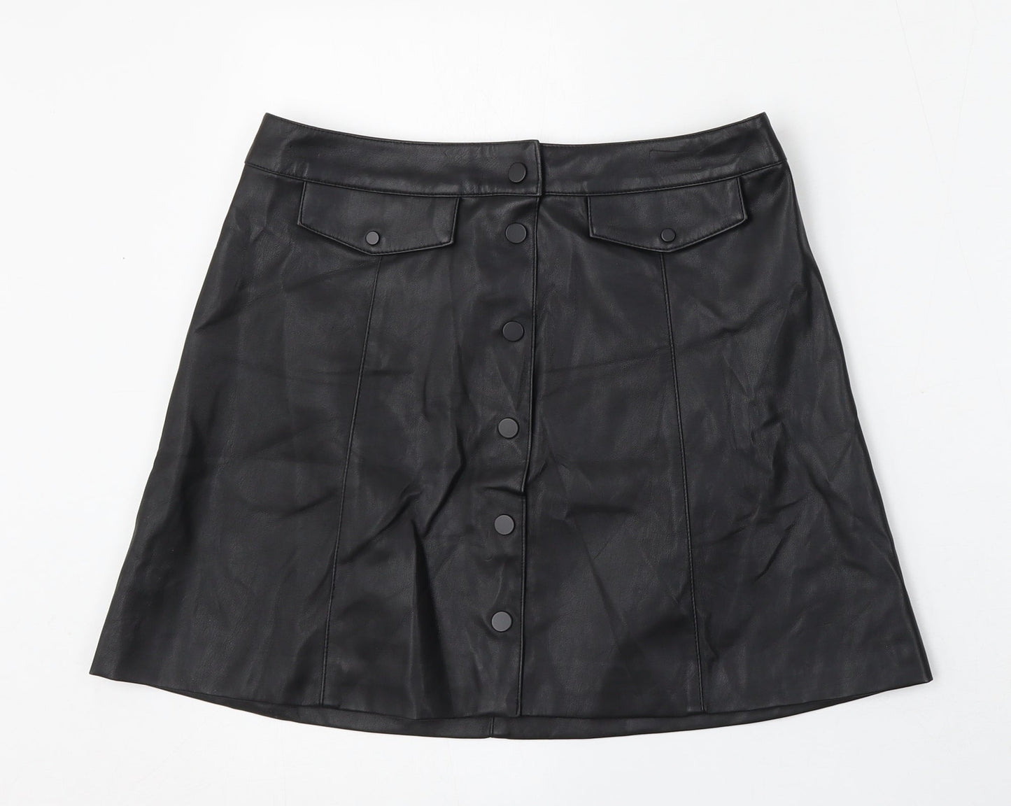 Divided by H&M Womens Black  Polyurethane A-Line Skirt Size 8   Snap