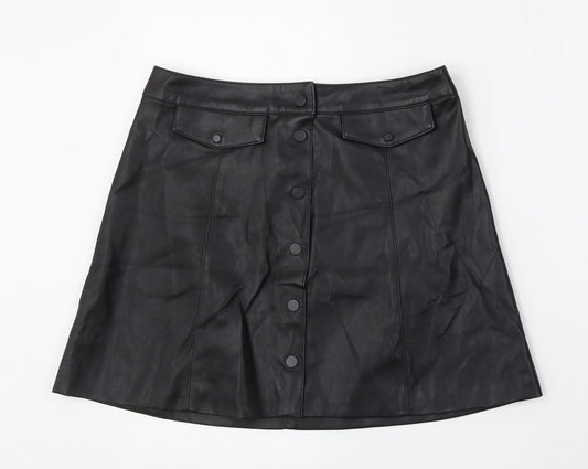 Divided by H&M Womens Black  Polyurethane A-Line Skirt Size 8   Snap