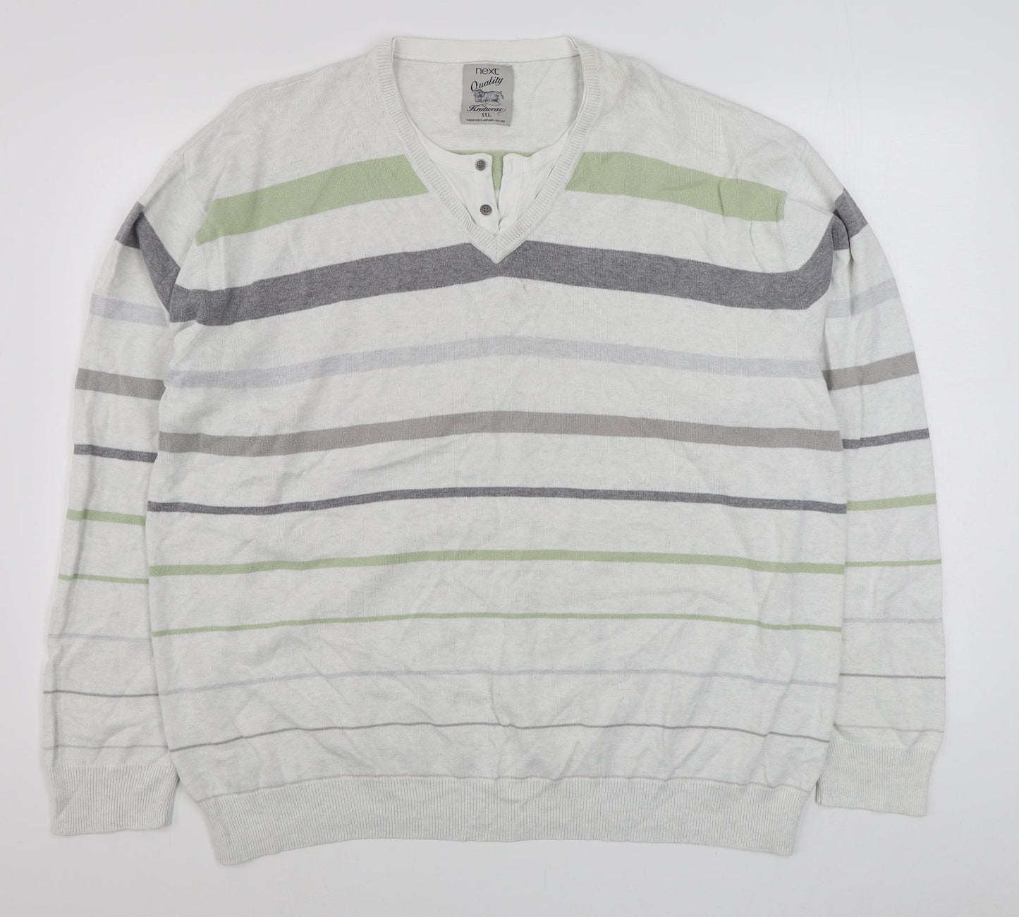 Nex Mens White V-Neck Striped Cotton Pullover Jumper Size 2XL