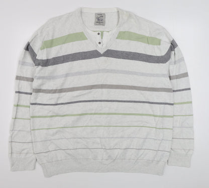 Nex Mens White V-Neck Striped Cotton Pullover Jumper Size 2XL