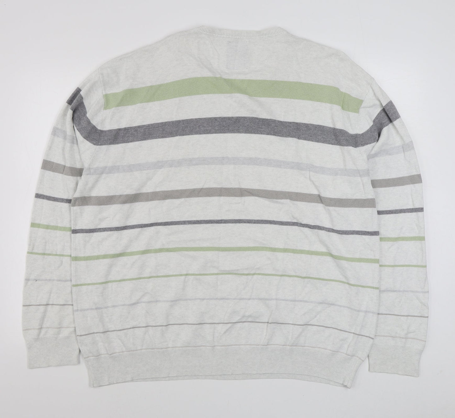 Nex Mens White V-Neck Striped Cotton Pullover Jumper Size 2XL