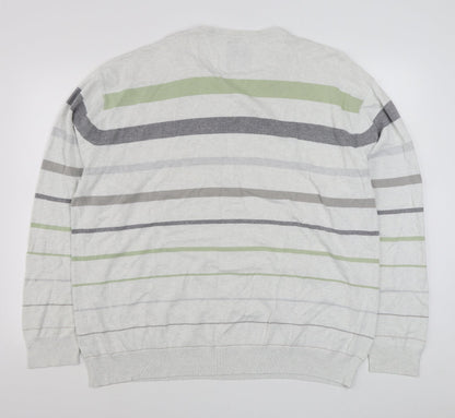 Nex Mens White V-Neck Striped Cotton Pullover Jumper Size 2XL