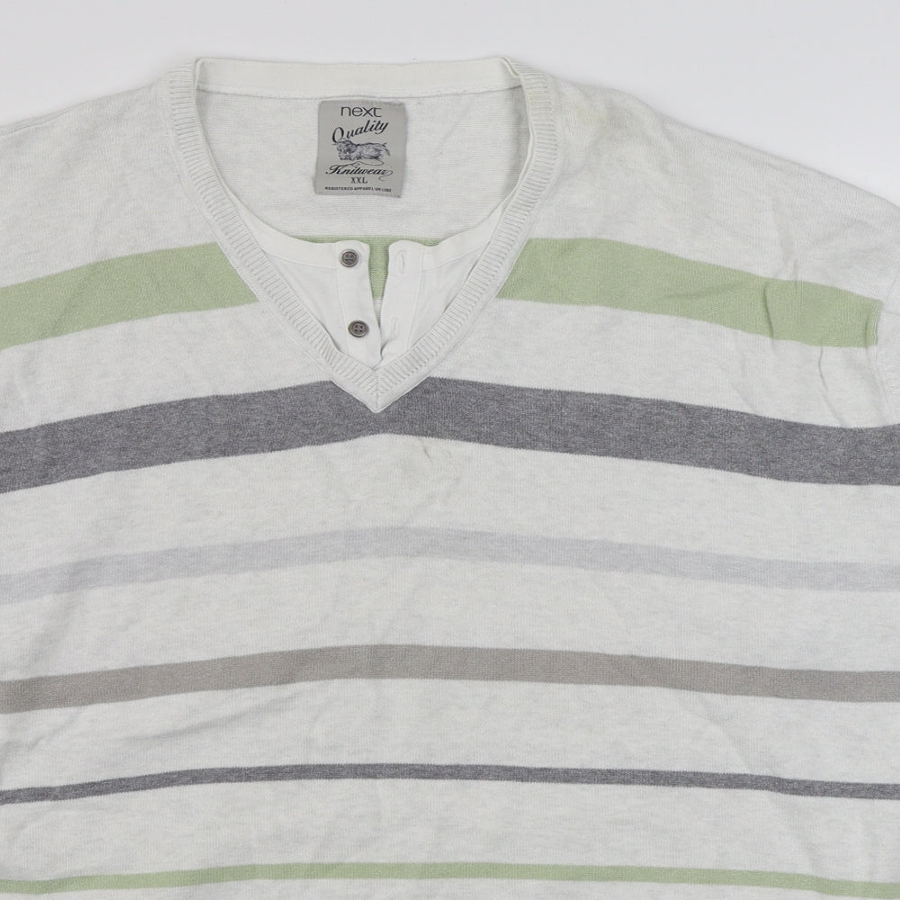 Nex Mens White V-Neck Striped Cotton Pullover Jumper Size 2XL