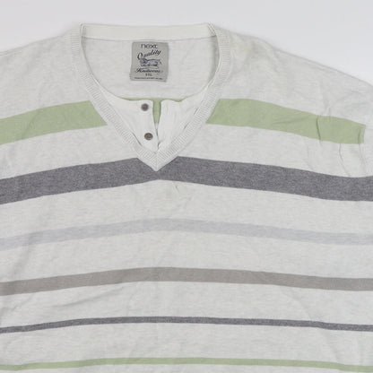 Nex Mens White V-Neck Striped Cotton Pullover Jumper Size 2XL