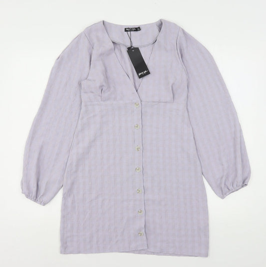 Nasty Gal Womens Purple Striped Polyester Basic Button-Up Size 4 V-Neck