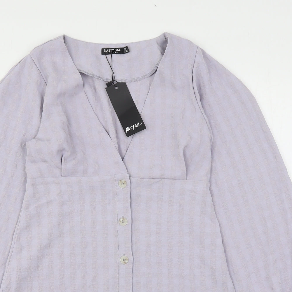 Nasty Gal Womens Purple Striped Polyester Basic Button-Up Size 4 V-Neck