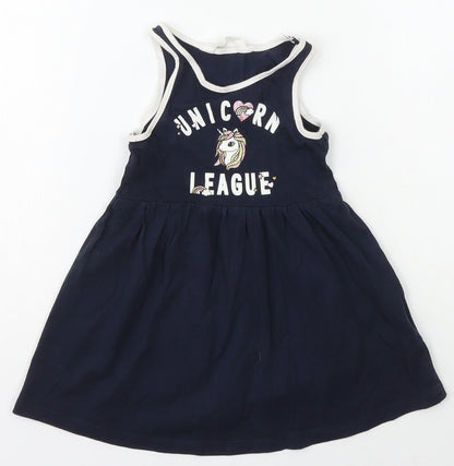 H&M Girls Blue  Cotton A-Line  Size 2 Years  Scoop Neck Pullover - Unicorn