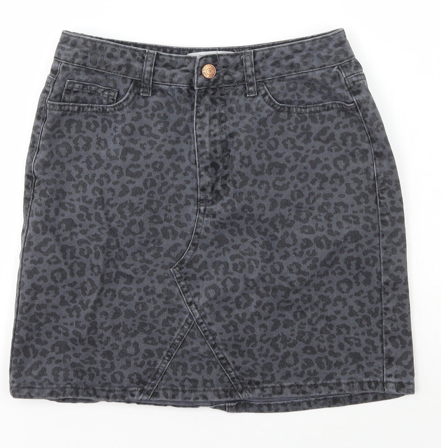 New Look Womens Black Animal Print Cotton A-Line Skirt Size 8   Zip