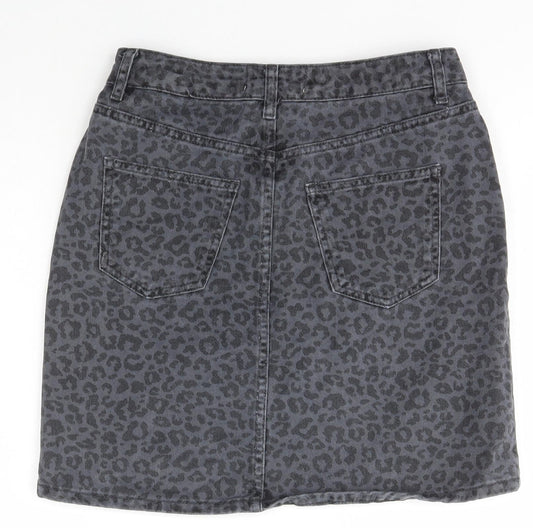 New Look Womens Black Animal Print Cotton A-Line Skirt Size 8   Zip