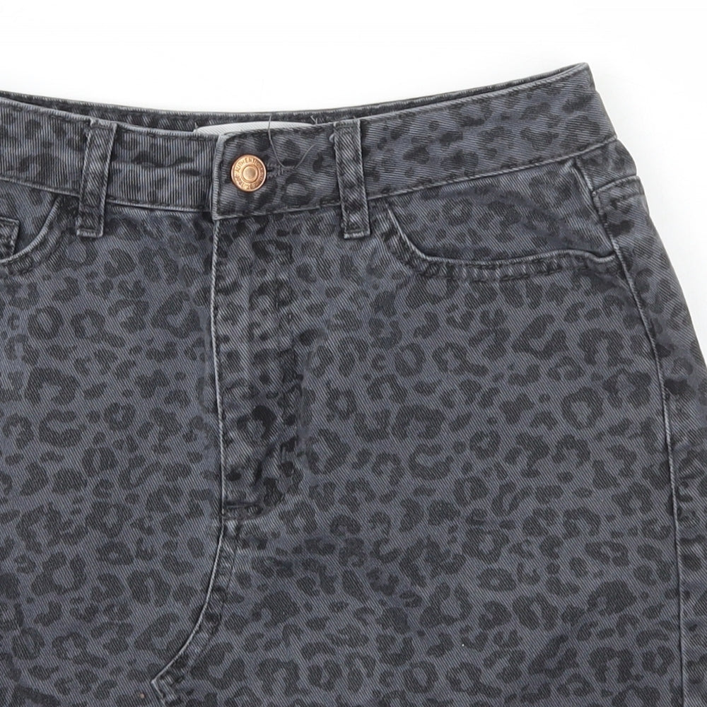 New Look Womens Black Animal Print Cotton A-Line Skirt Size 8   Zip