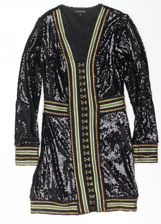 PRETTYLITTLETHING Womens Black  Polyester Bodycon  Size 8  V-Neck Hook & Eye