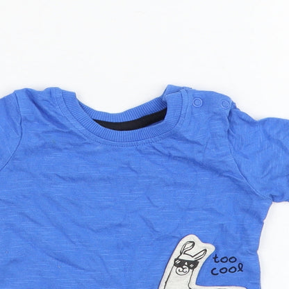 George Boys Blue  Cotton Basic T-Shirt Size 0-3 Months Round Neck Pullover - Llama