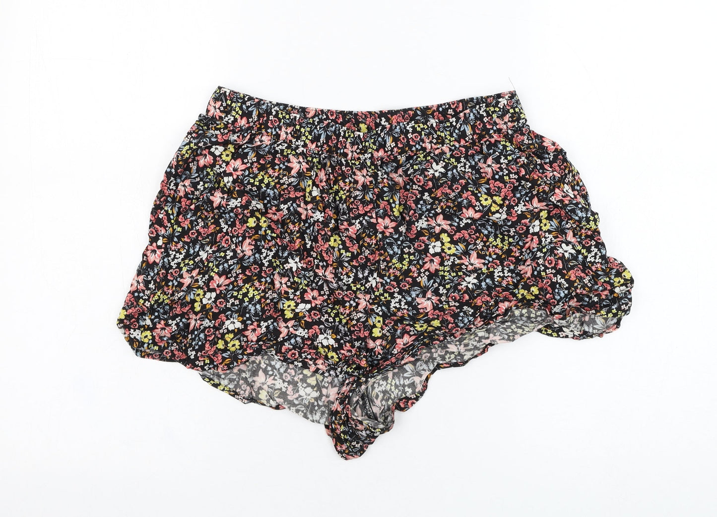 H&M Womens Black Floral Viscose Hot Pants Shorts Size 12 L3 in Regular Pull On