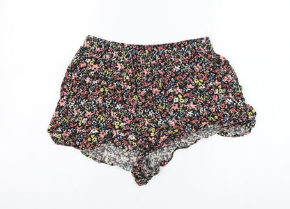 H&M Womens Black Floral Viscose Hot Pants Shorts Size 12 L3 in Regular Pull On