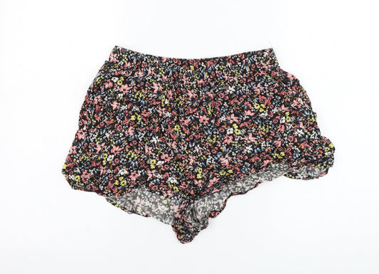H&M Womens Black Floral Viscose Hot Pants Shorts Size 12 L3 in Regular Pull On