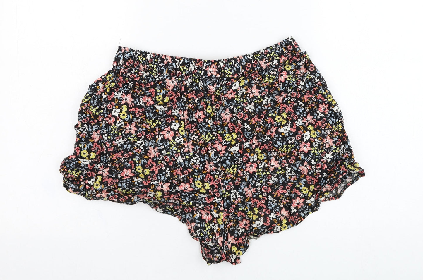 H&M Womens Black Floral Viscose Hot Pants Shorts Size 12 L3 in Regular Pull On
