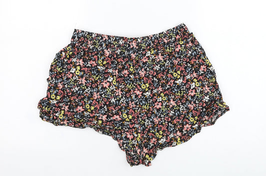 H&M Womens Black Floral Viscose Hot Pants Shorts Size 12 L3 in Regular Pull On
