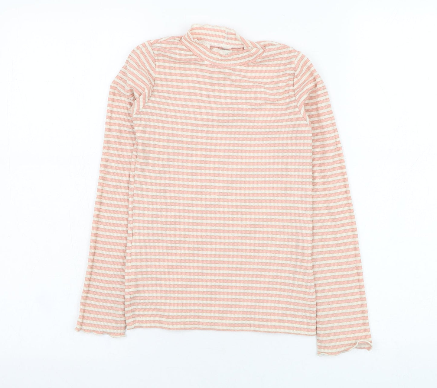 F&F Girls Pink Striped Viscose Basic T-Shirt Size 9-10 Years Round Neck Pullover