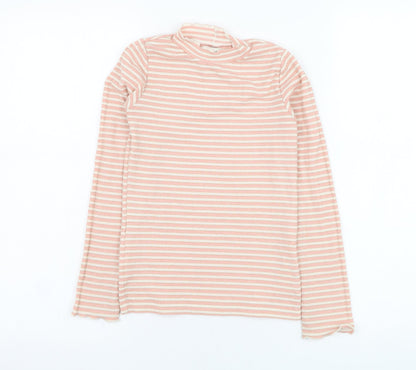 F&F Girls Pink Striped Viscose Basic T-Shirt Size 9-10 Years Round Neck Pullover