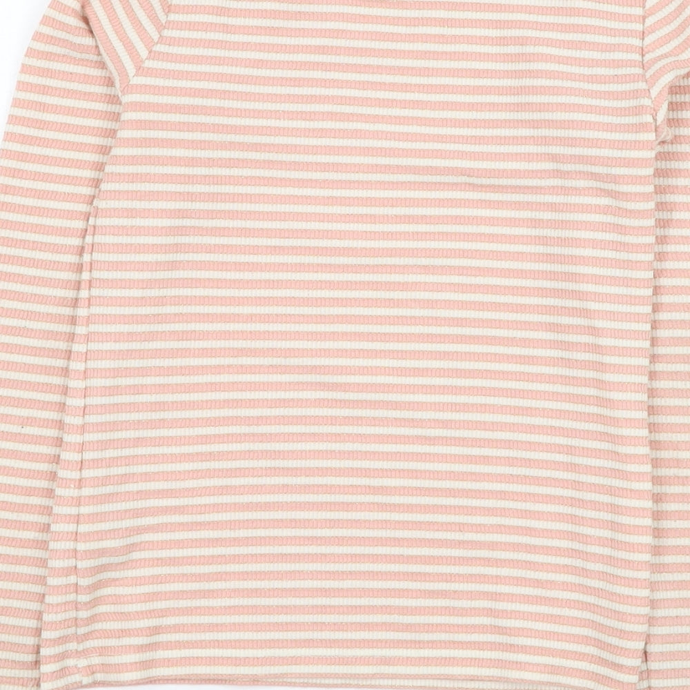 F&F Girls Pink Striped Viscose Basic T-Shirt Size 9-10 Years Round Neck Pullover