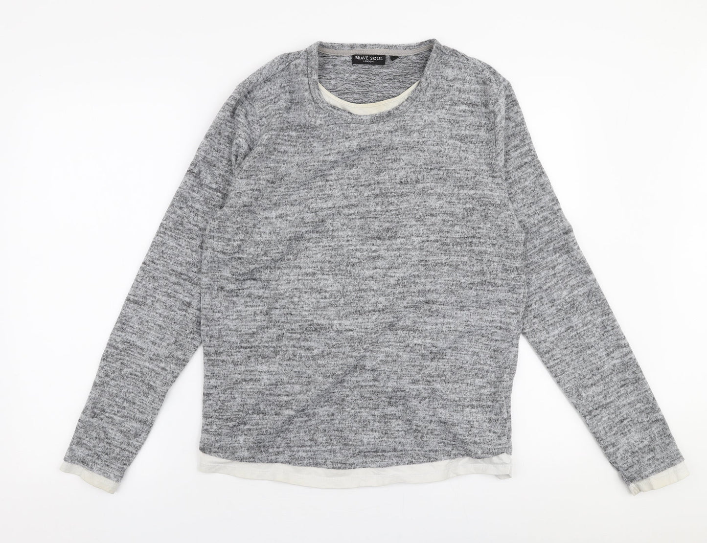 Brave Soul Mens Grey Round Neck  Polyester Pullover Jumper Size L