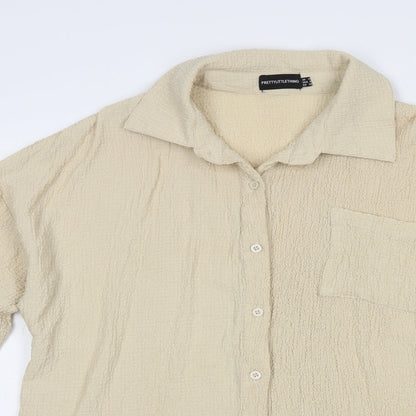 PRETTYLITTLETHING Womens Beige  Polyester Basic Button-Up Size 10 Collared