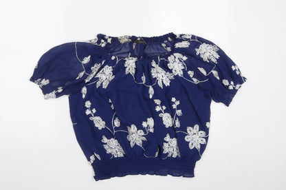 Quiz Womens Blue Floral Polyester Basic Blouse Size 10 Scoop Neck
