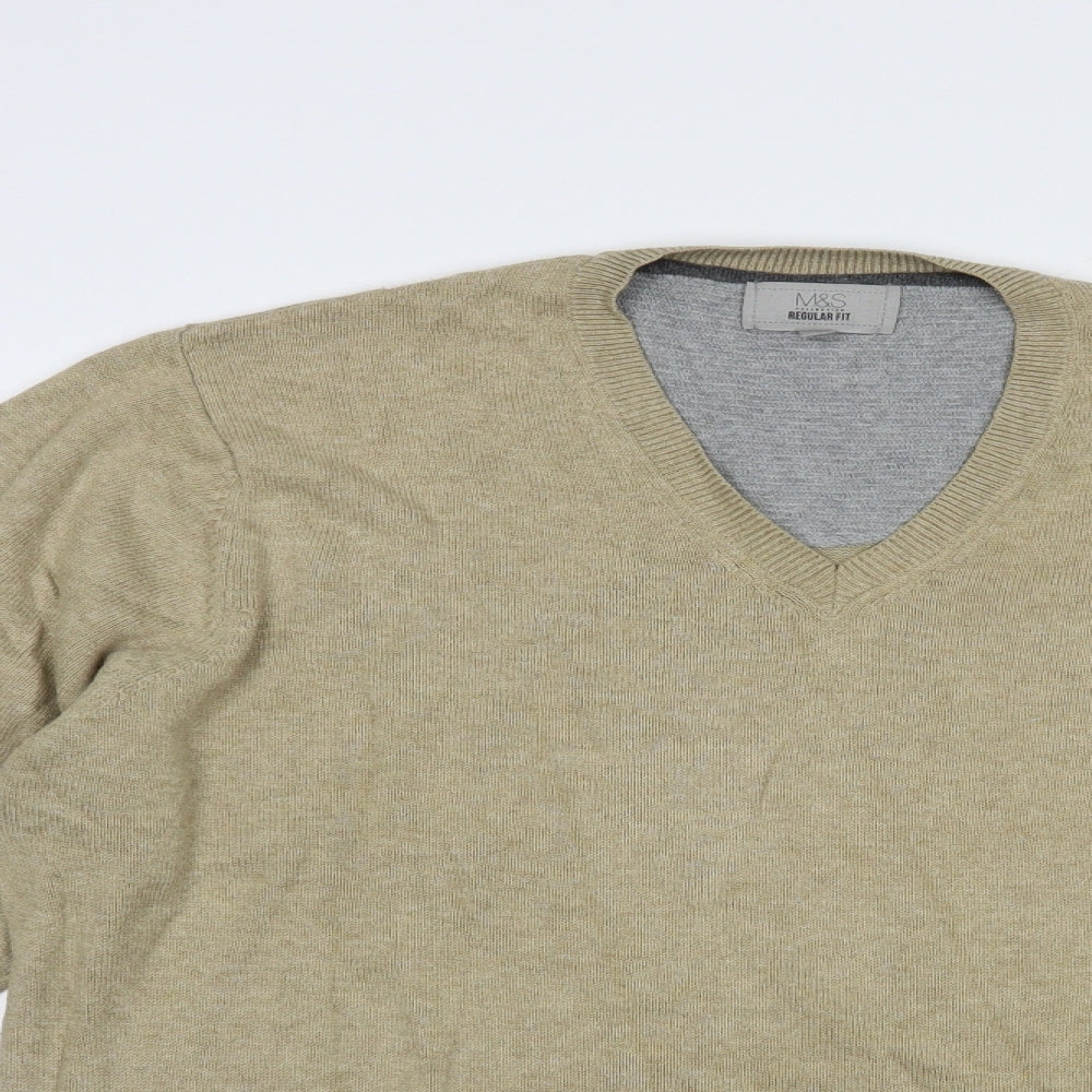 Marks and Spencer Mens Beige V-Neck  Cotton Pullover Jumper Size L